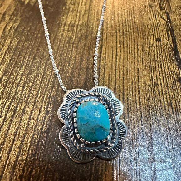 Turquoise Elegance: Sterling Silver Beaded Chain Necklace 16-18", Ships in Gift - Picture 1 of 7